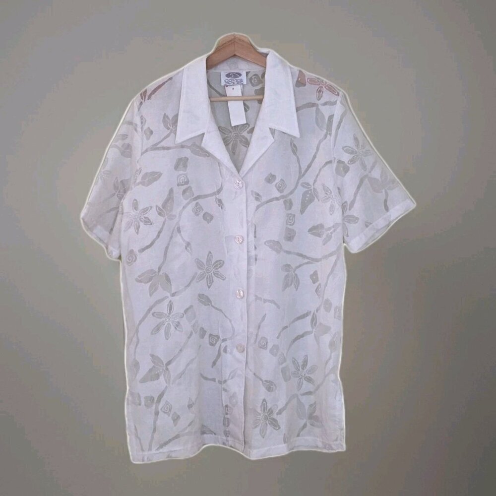 Cover Me Swim Cover Up 12 (10-12) White SS Buttons Floral Sheer Side Slits Beach